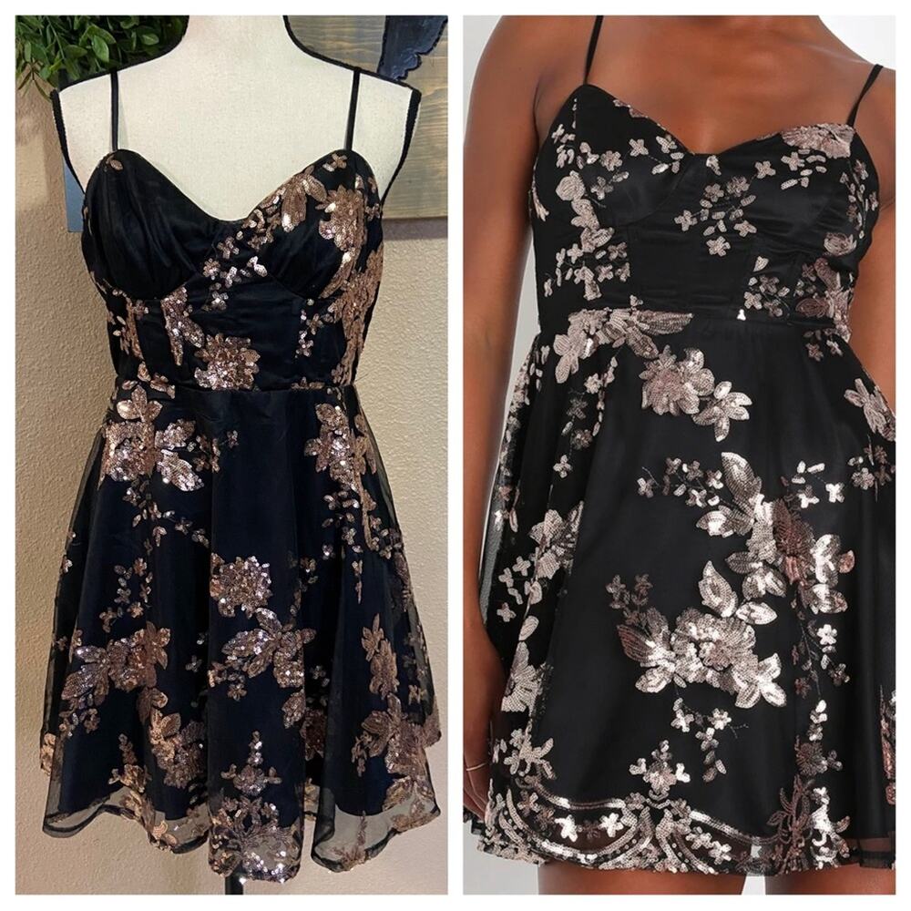 NWOT Lulus Glittering Personality Black Sequin Skater Bustier Mini Dress